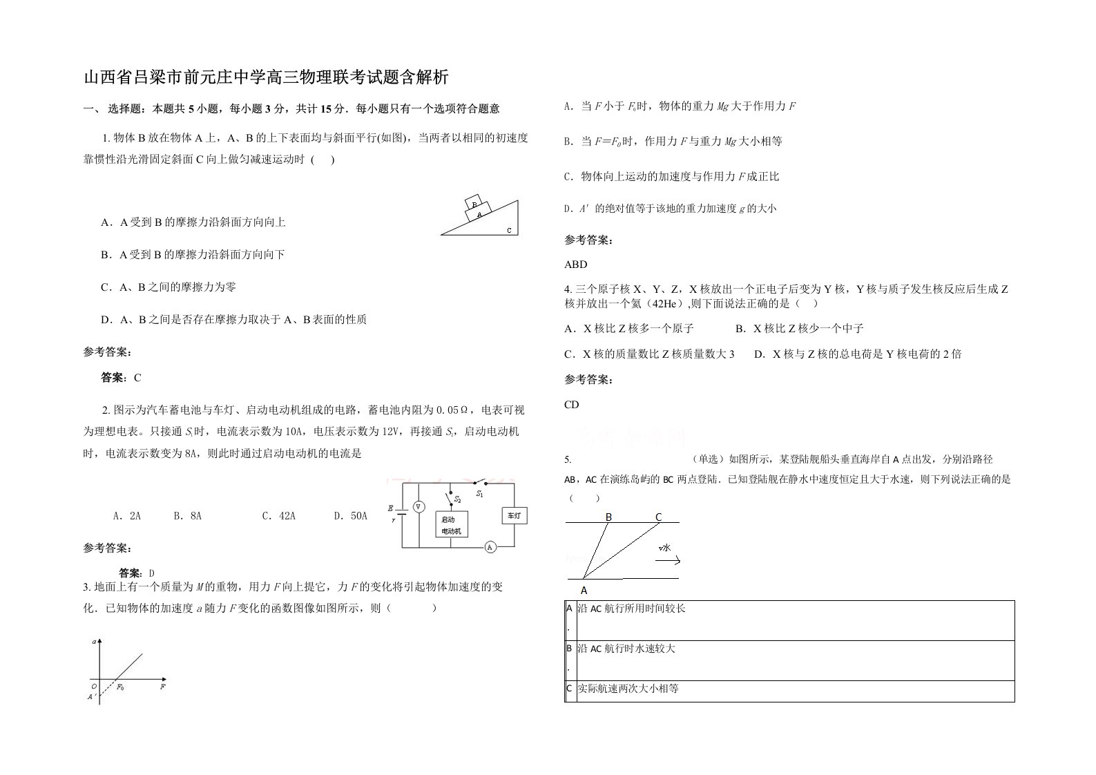 山西省吕梁市前元庄中学高三物理联考试题含解析