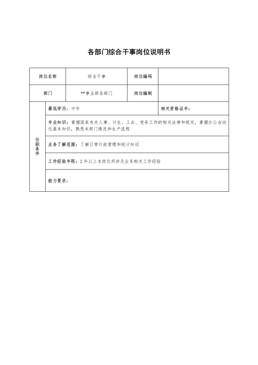 广船国际事业部各部门综合干事岗位说明书