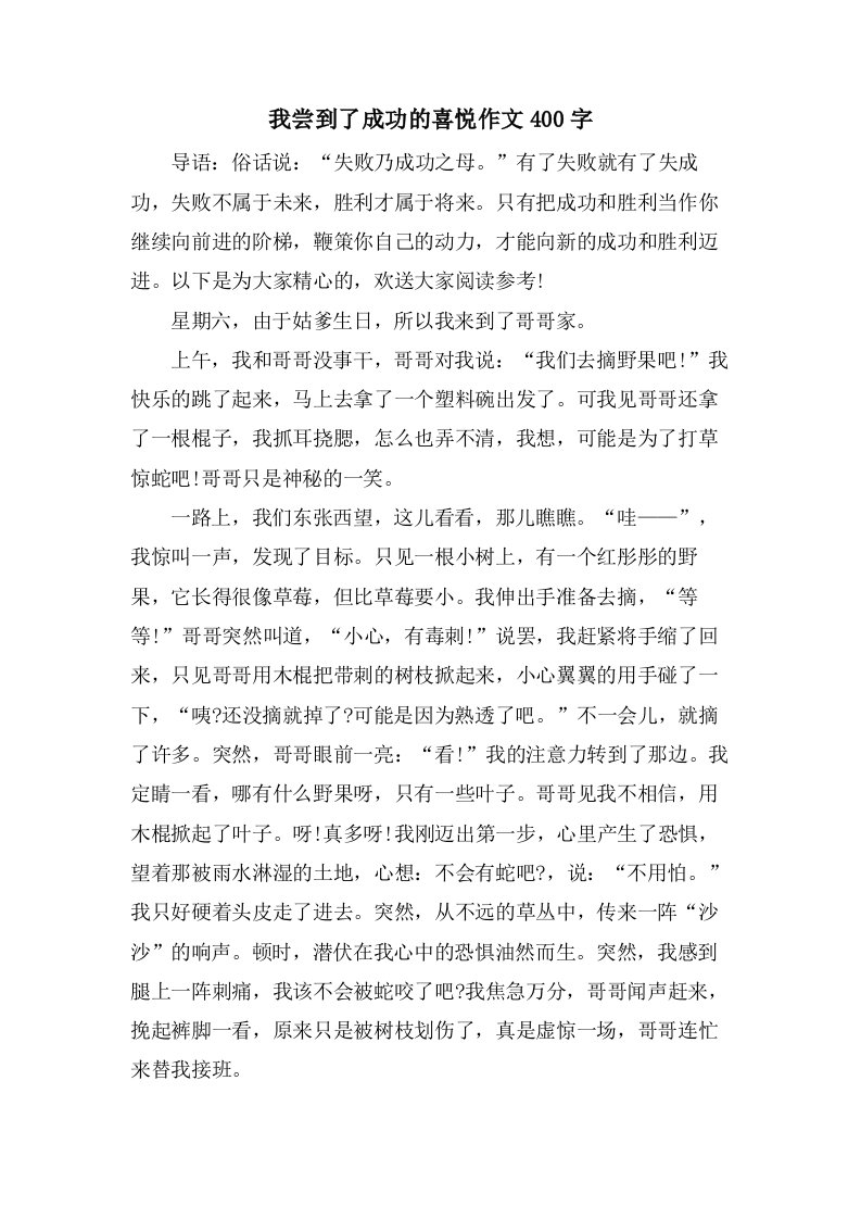 我尝到了成功的喜悦作文400字