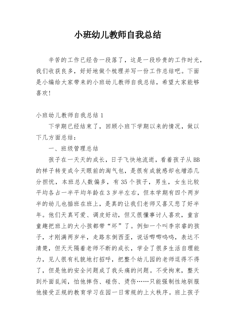 小班幼儿教师自我总结