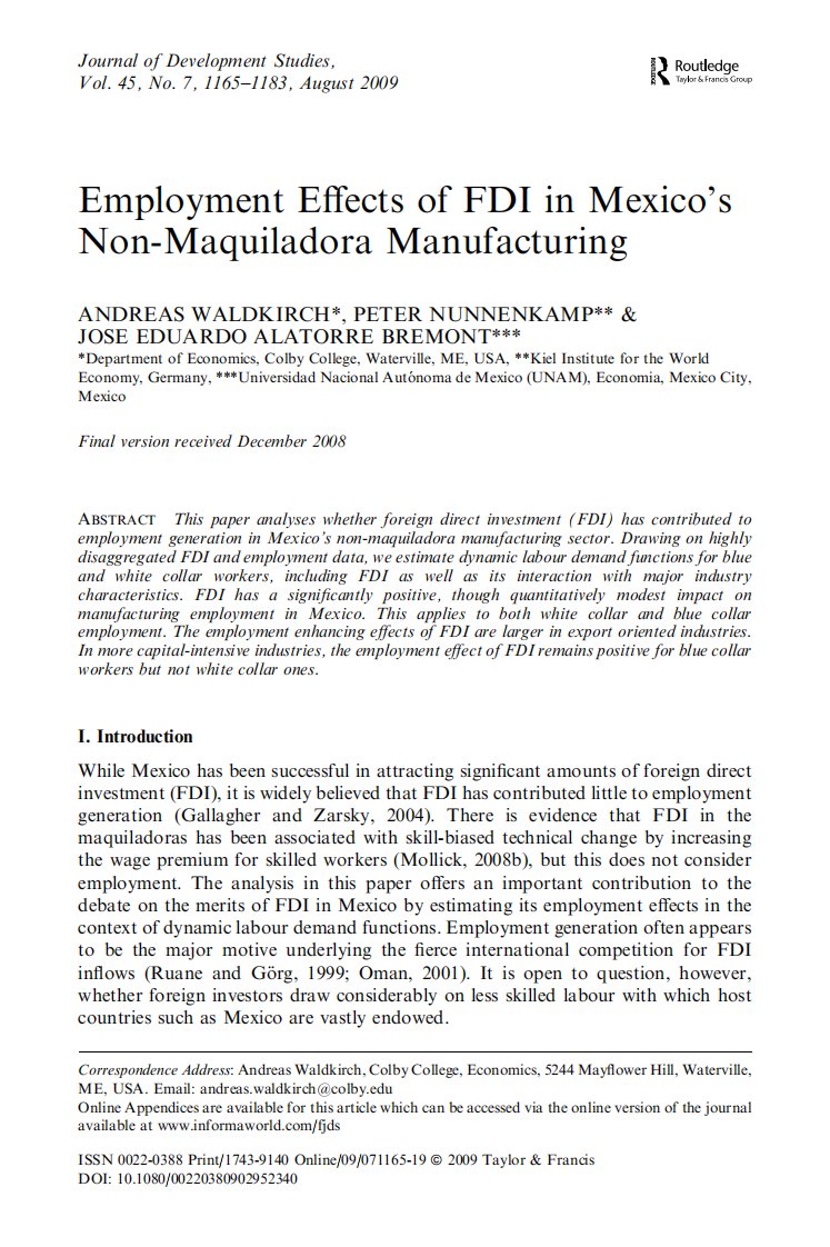 外文翻译原文--FDI对墨西哥非边境加工制造业的就业效应