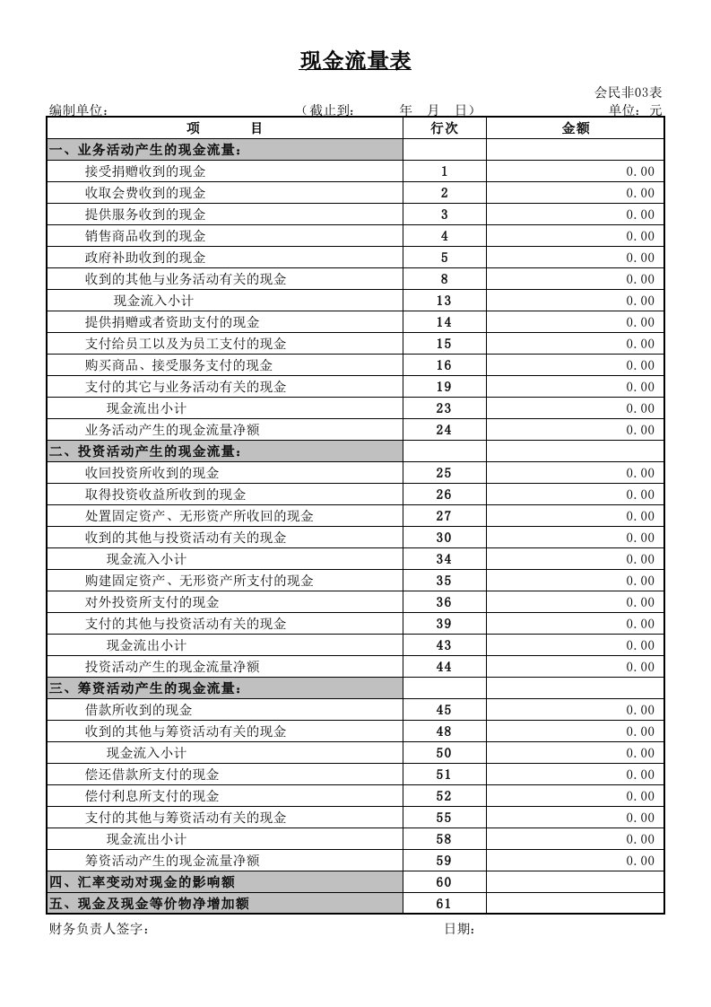 最新民间非营利组织会计报表《现金流量表》模版