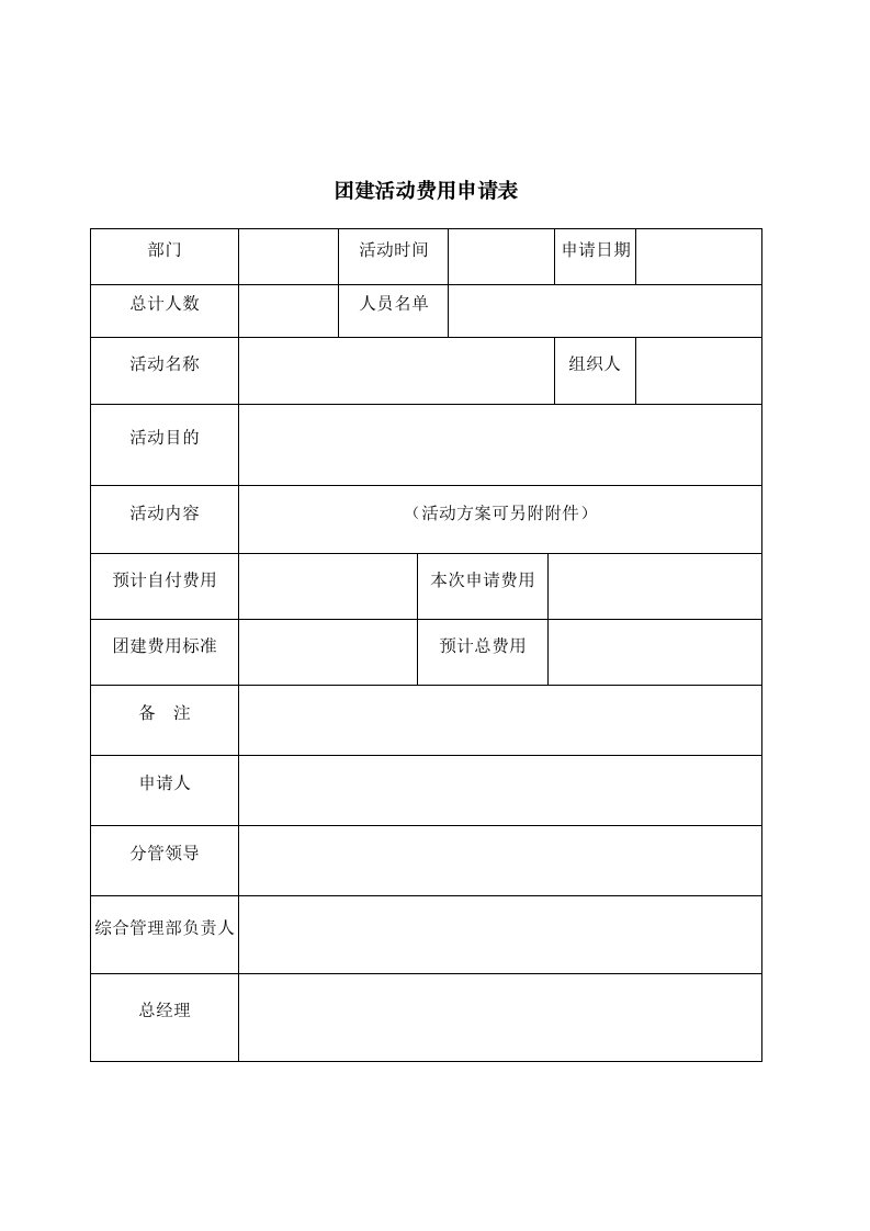 团建活动费用申请表