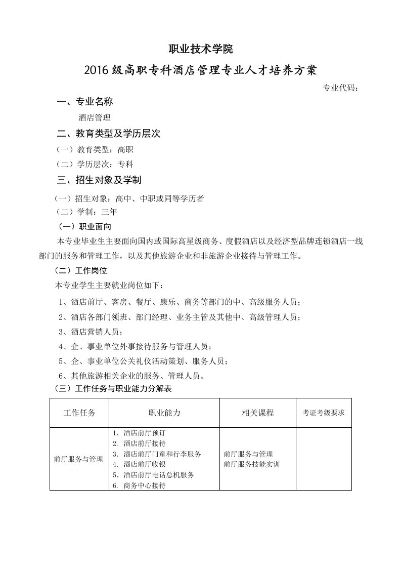 高职专科酒店管理专业人才培养方案