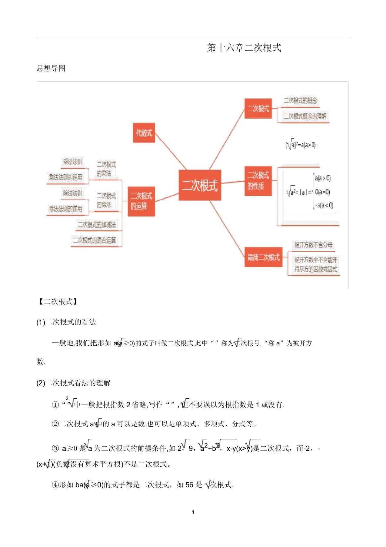 人教版八年级数学下册第十六章二次根式知识清单