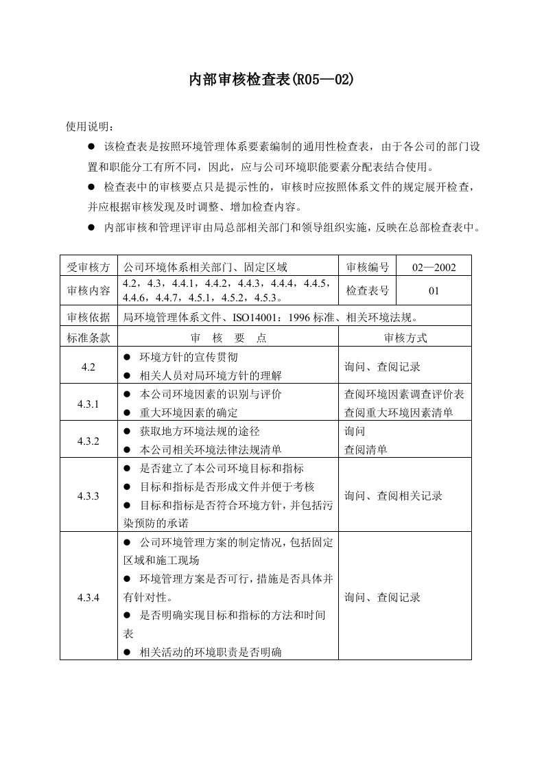 环境管理体系内审检查表