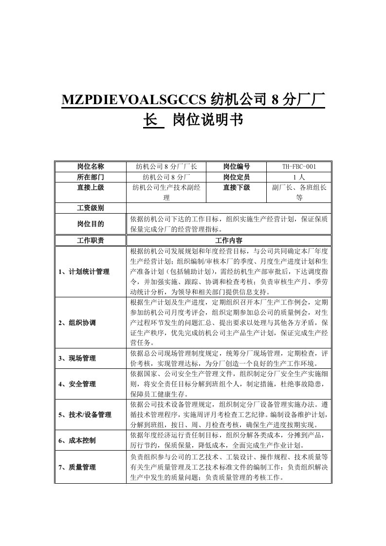 纺机公司8分厂厂长的岗位说明书