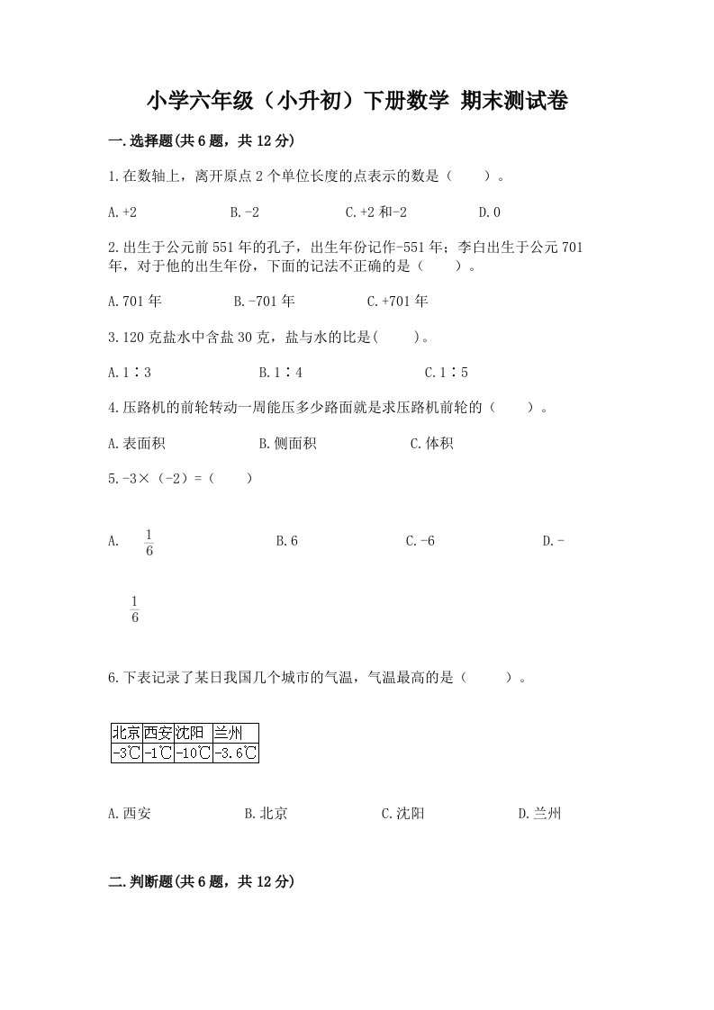 小学六年级（小升初）下册数学