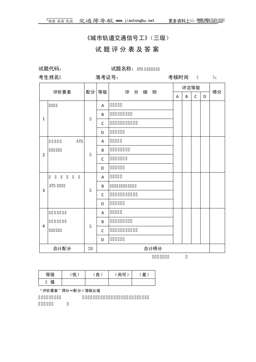 城市轨道交通信号工_3级_操作技能鉴定4.1.1试题评分表及答案