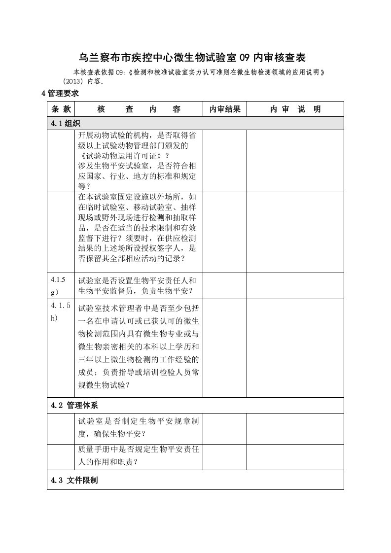 乌兰察布市疾控中心微生物实验室内审核查表CL09