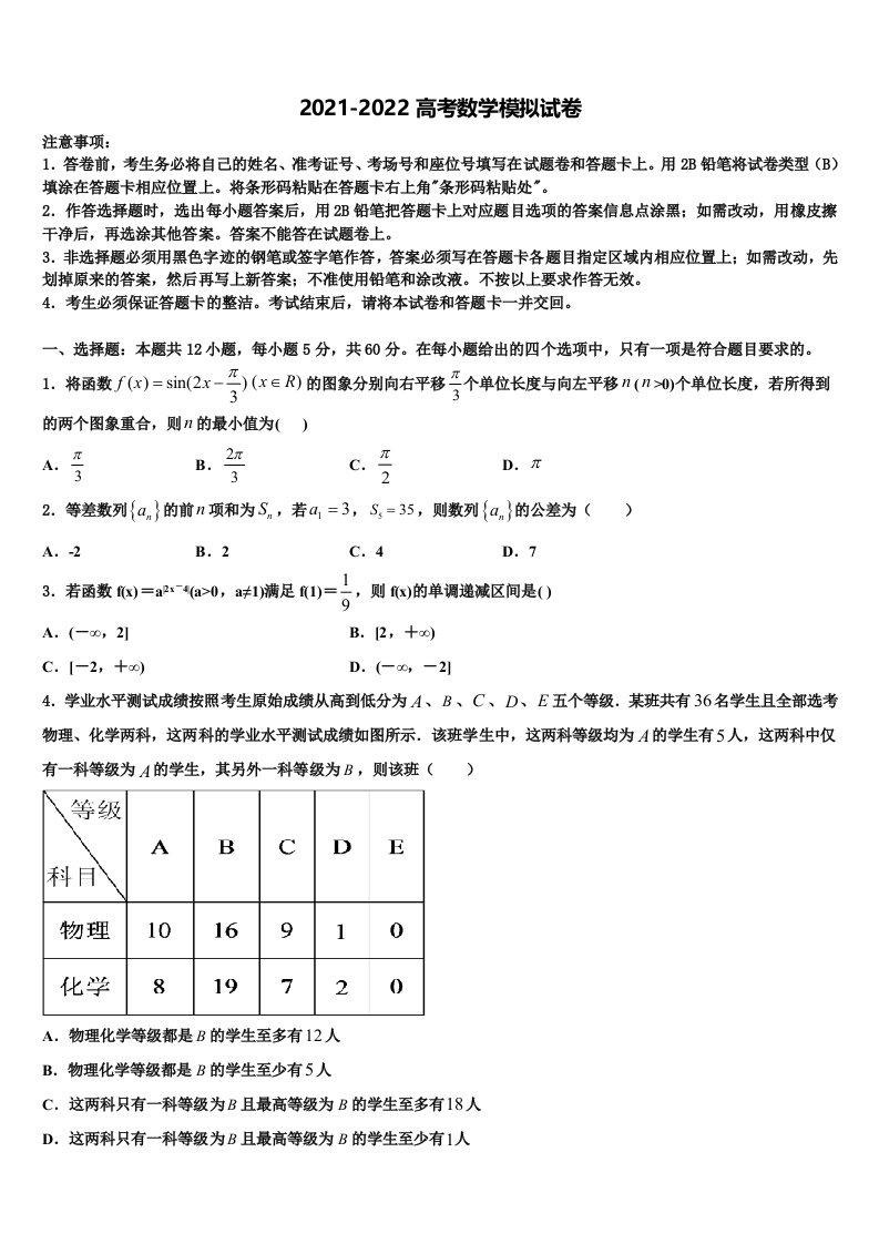 2022年四川巫溪县白马中学高三第一次调研测试数学试卷含解析