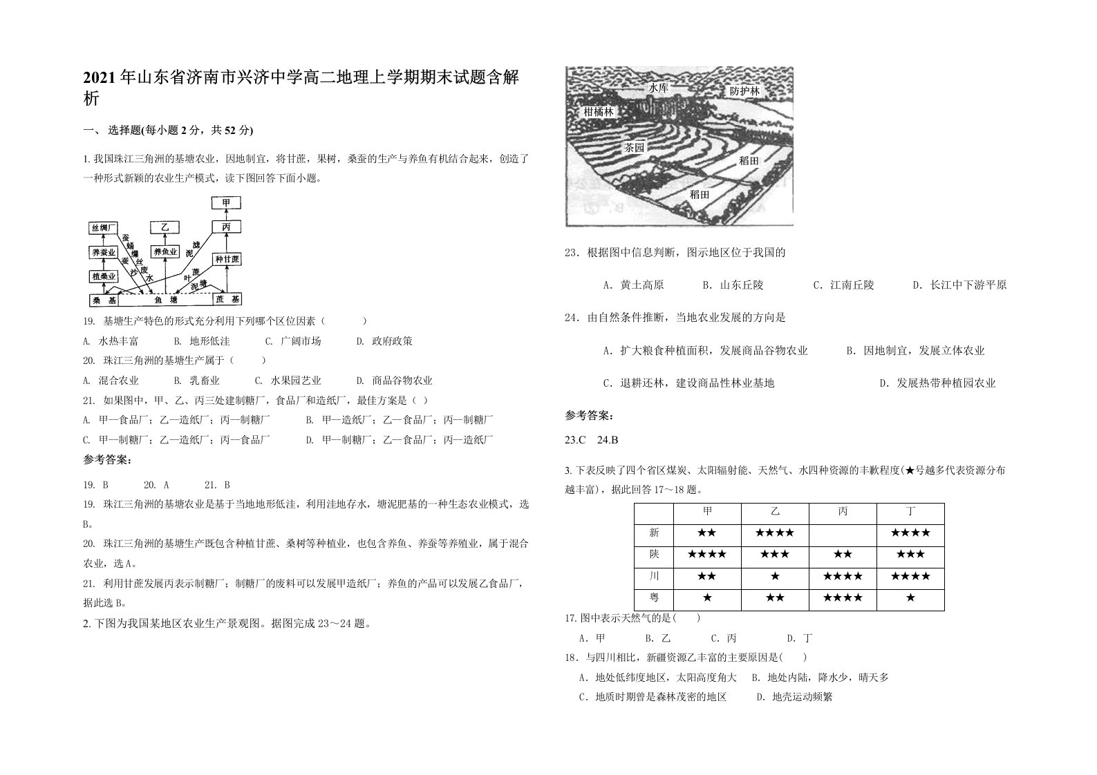 2021年山东省济南市兴济中学高二地理上学期期末试题含解析