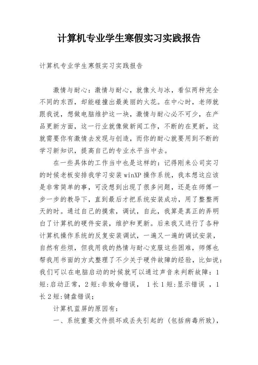 计算机专业学生寒假实习实践报告