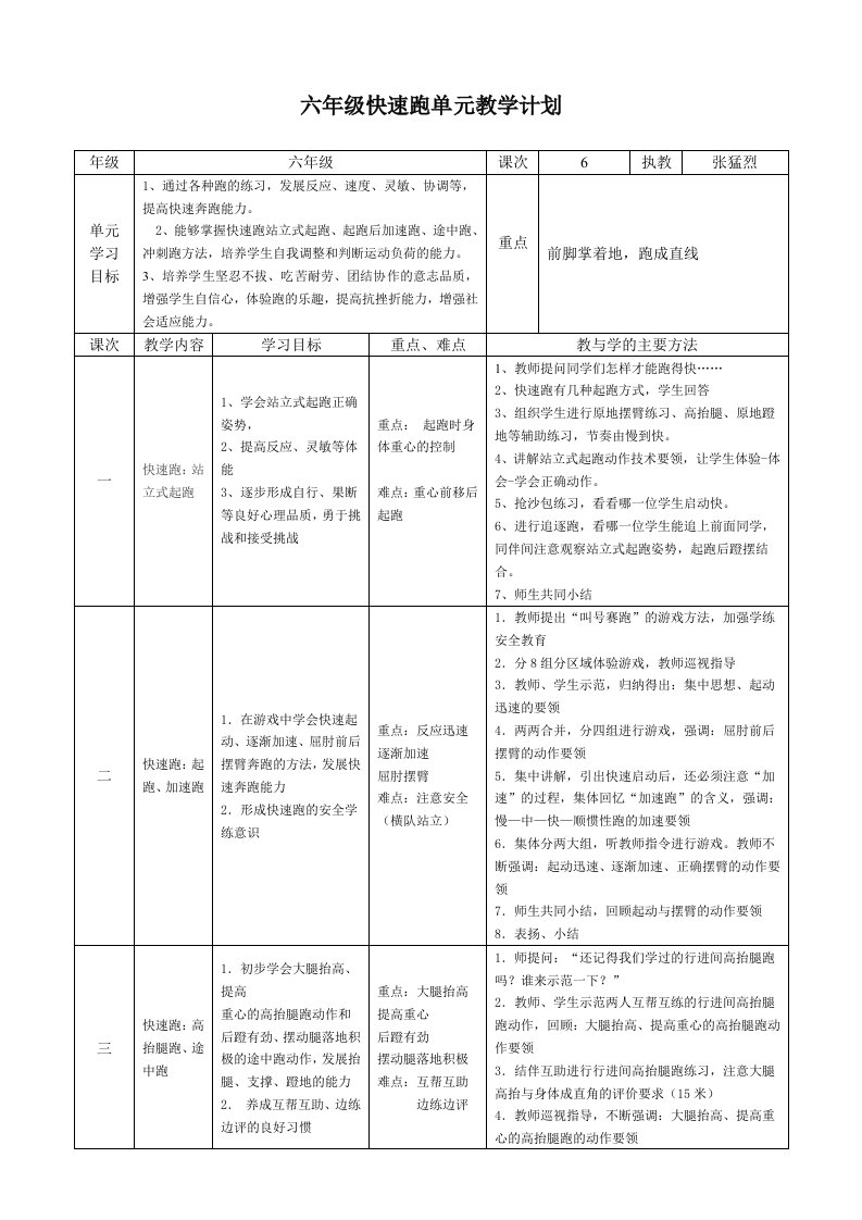 六年级快速跑单元教学计划