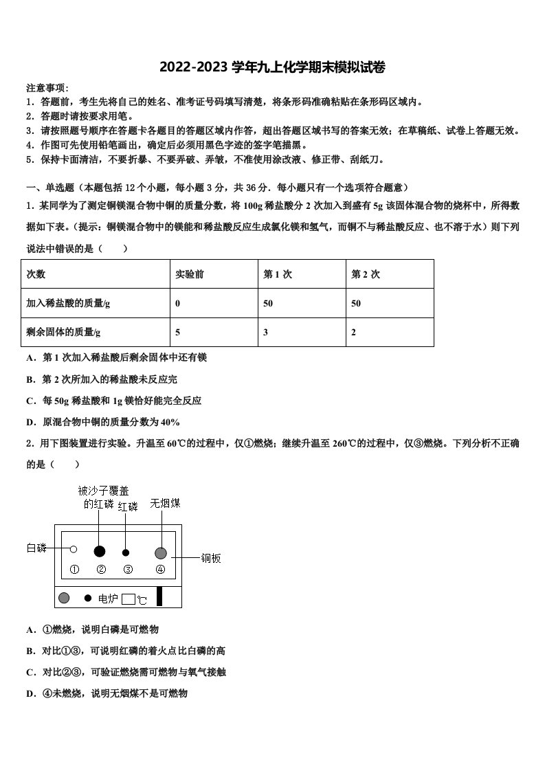 2023届江苏省苏州市高新区九年级化学第一学期期末教学质量检测模拟试题含解析