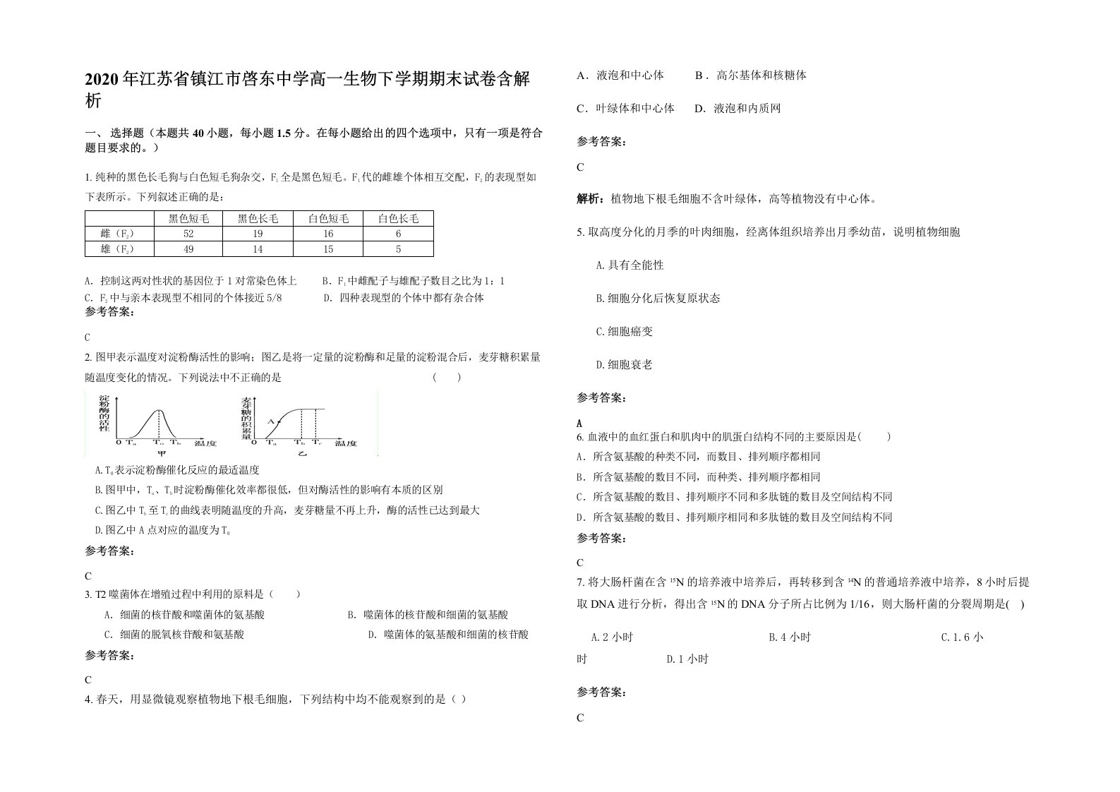 2020年江苏省镇江市啓东中学高一生物下学期期末试卷含解析