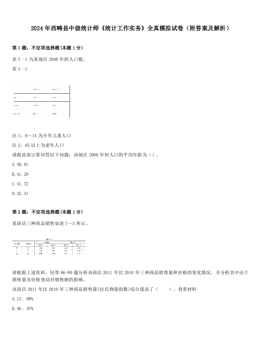 2024年西畴县中级统计师《统计工作实务》全真模拟试卷（附答案及解析）