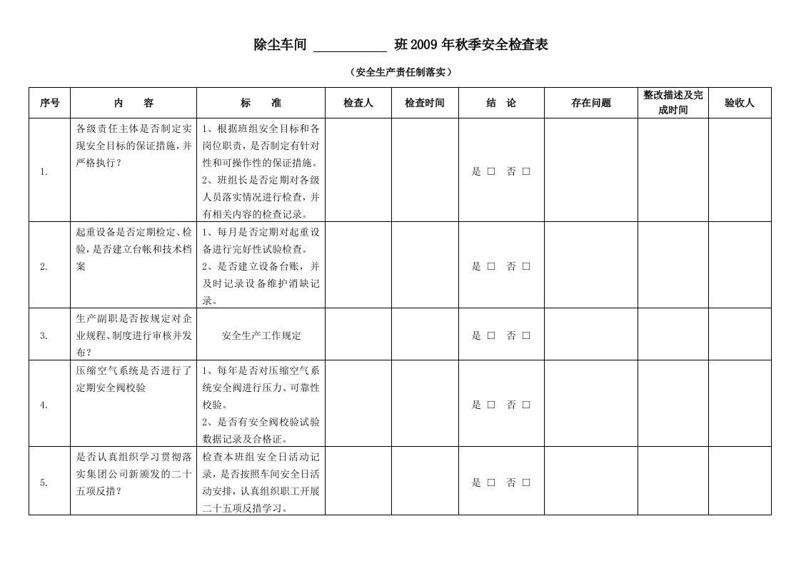 秋季安全检查表