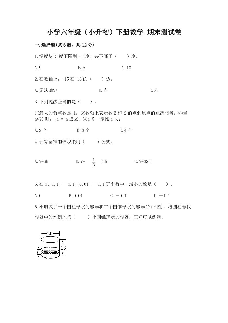 小学六年级（小升初）下册数学