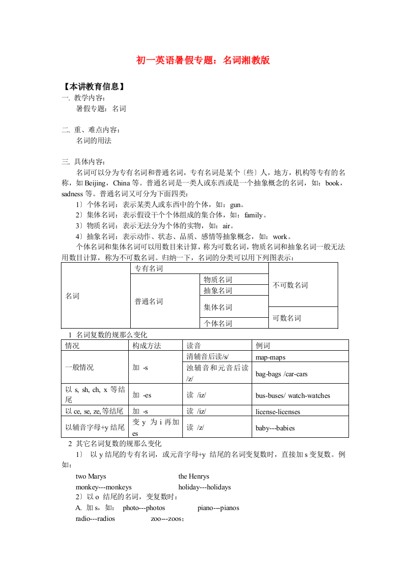 初一英语暑假专题名词湘教