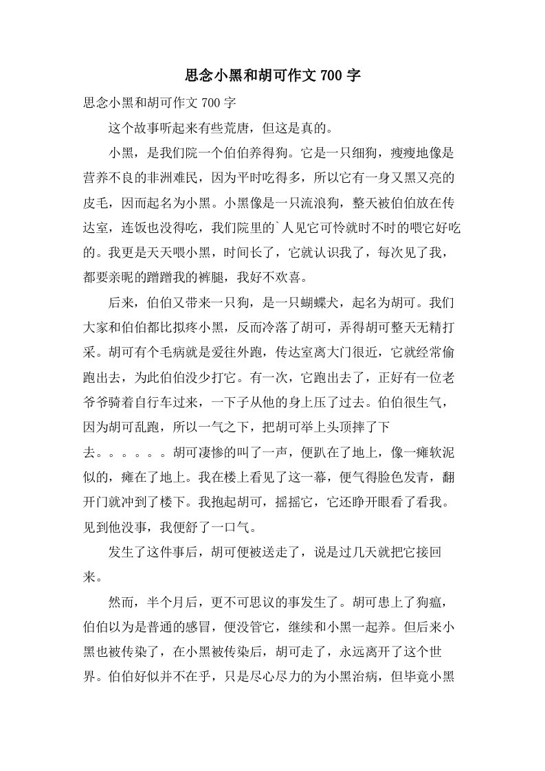 怀念小黑和胡可作文700字