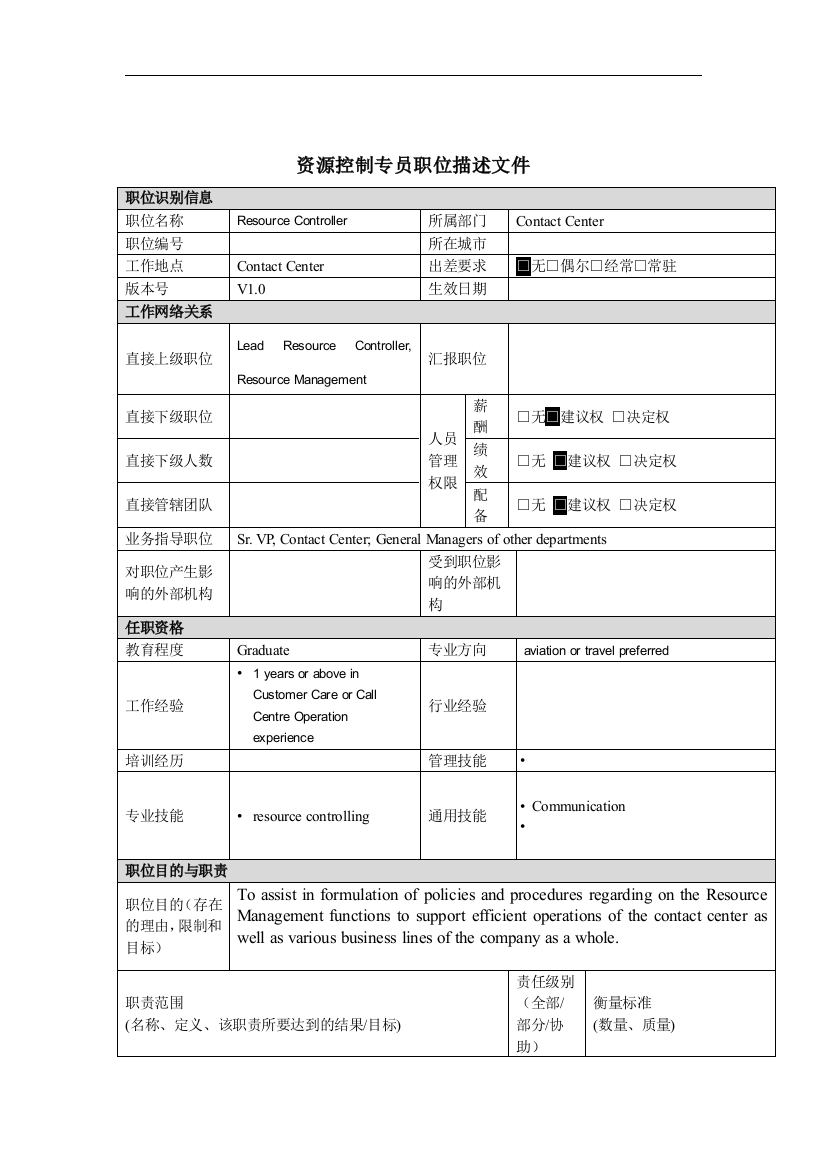 资源控制专员岗位说明书