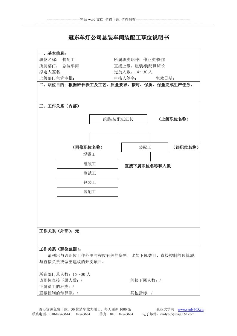 装配工岗位职责说明书