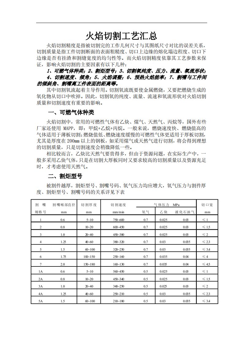 火焰切割工艺参数汇总