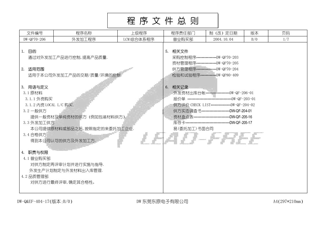 ISO程序文件206外发加工管理程序B-0-程序文件