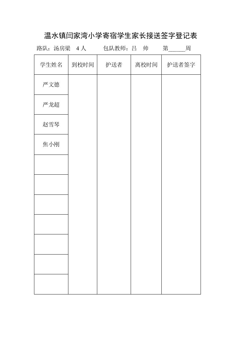 温水镇闫家湾小学寄宿学生家长接送签字登记排表