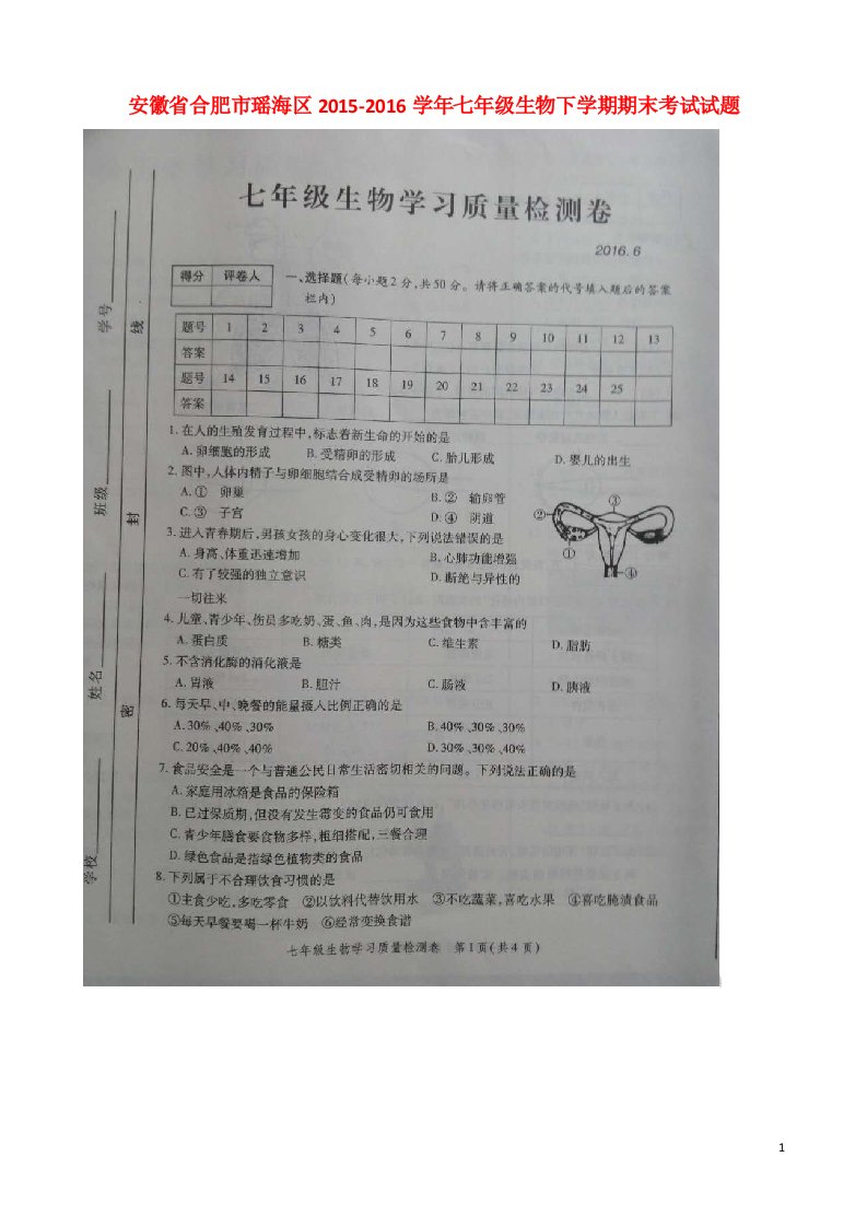 安徽省合肥市瑶海区2015-2016学年七年级生物下学期期末考试试题（扫描版）