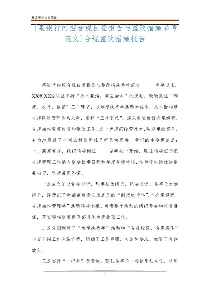 [某银行内控合规自查报告与整改措施参考范文]合规整改措施报告