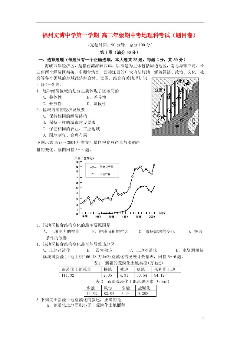 福建省福州文博中学高二地理上学期期中试题