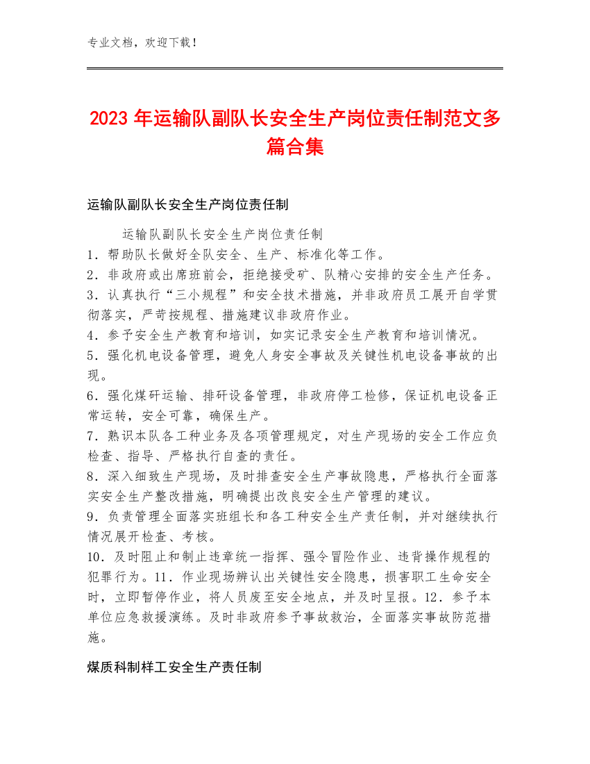 2023年运输队副队长安全生产岗位责任制范文多篇合集