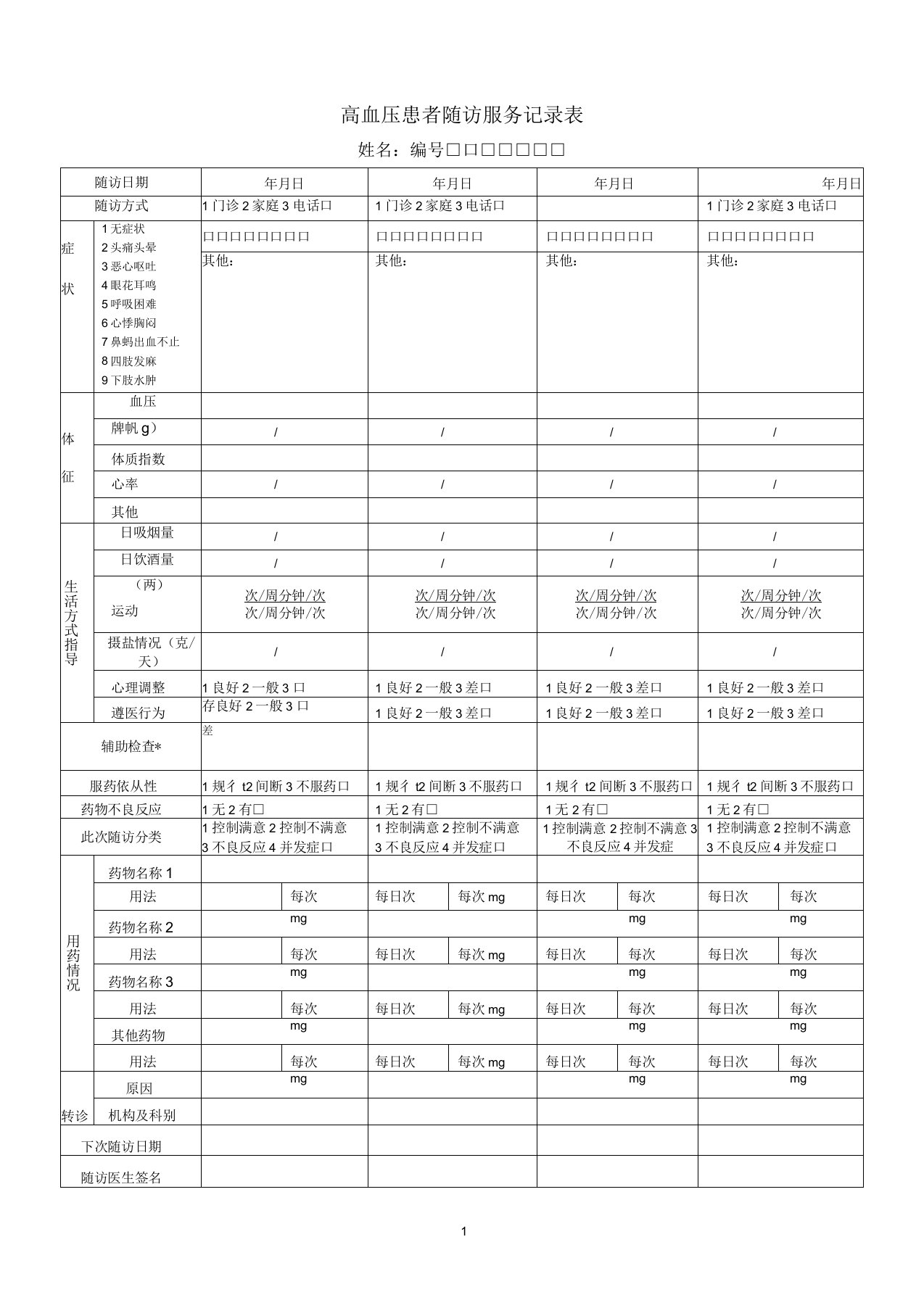 高血压患者随访服务记录表