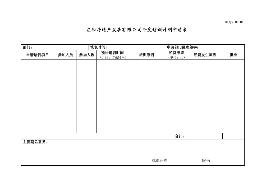 人事管理-远卓—深圳庄维房产—庄维年度培训计划申请表1206