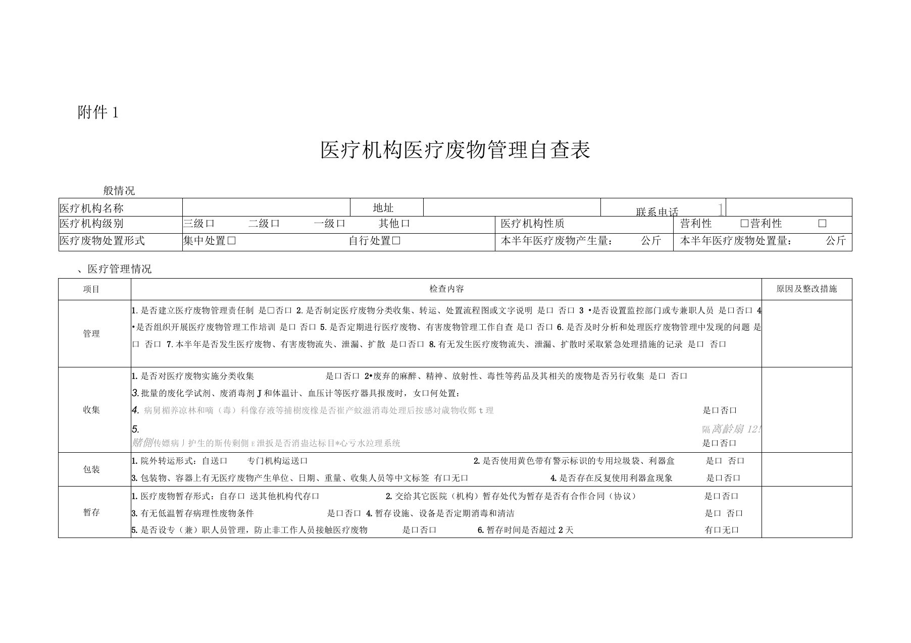 医疗机构医疗废物管理自查表