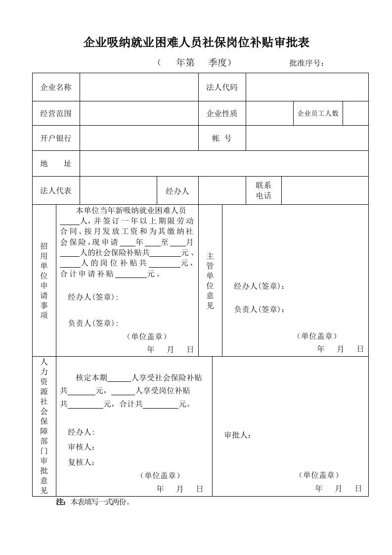 企业吸纳就业困难人员社保岗位补贴审批表