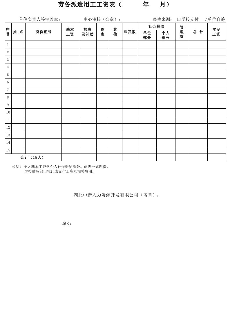 劳务派遣用工工资表