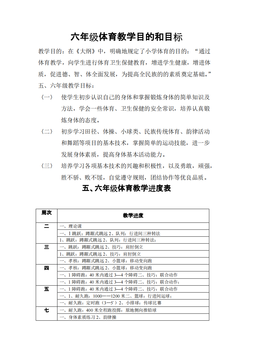 小学六年级体育全套的教案1-12周