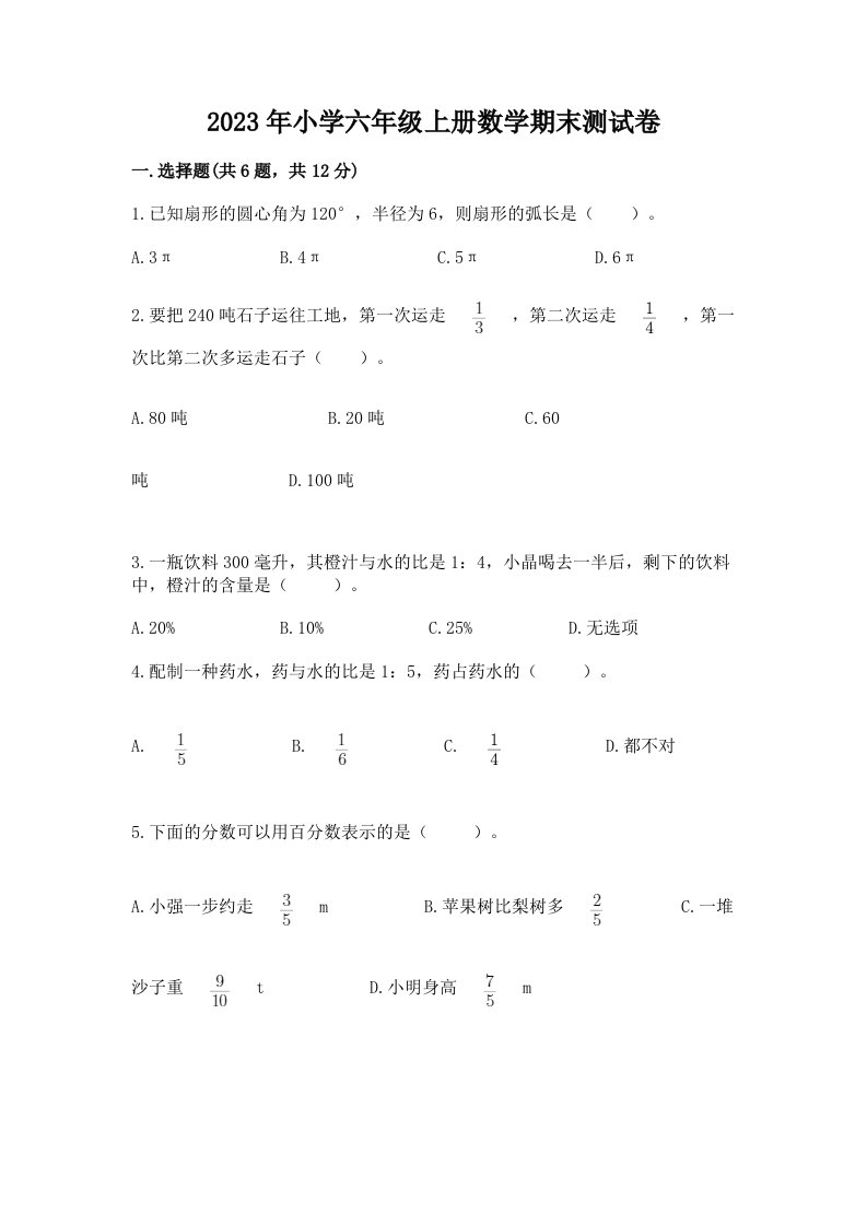 2023年小学六年级上册数学期末测试卷及答案（夺冠）