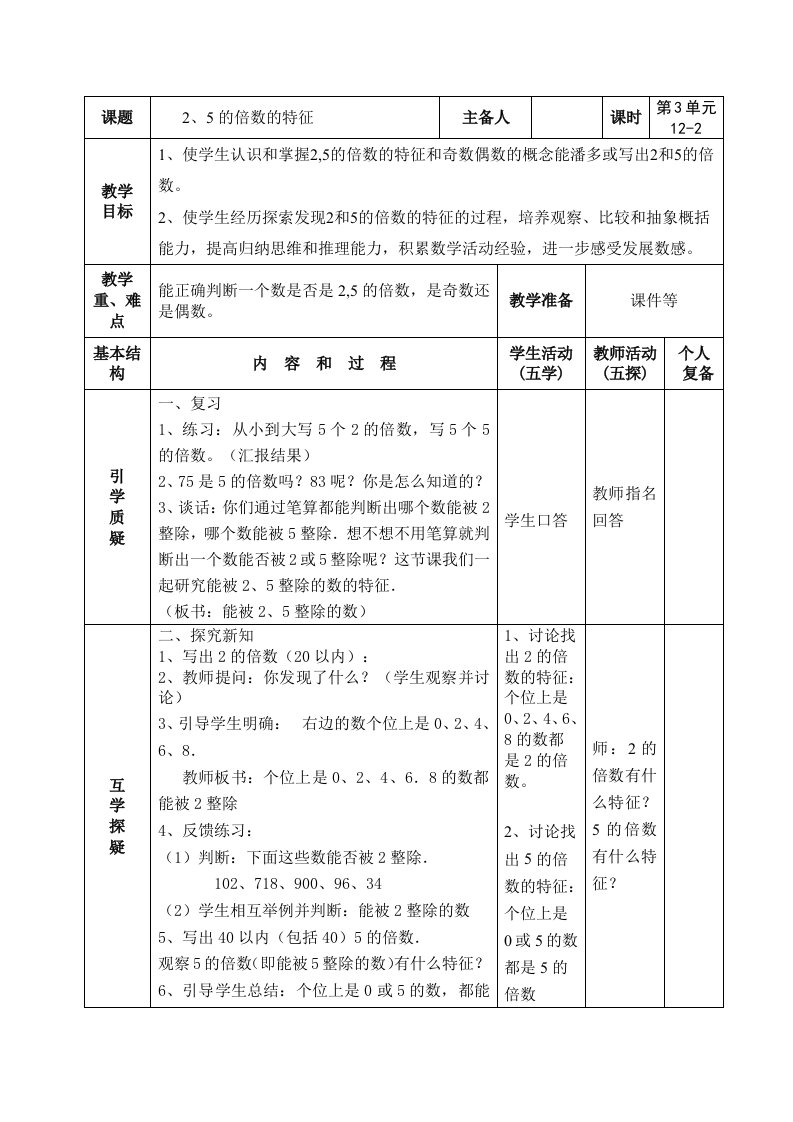 南京力学小学苏教版五年级下册数学第3单元第2课《2、5的倍数的特征》教案