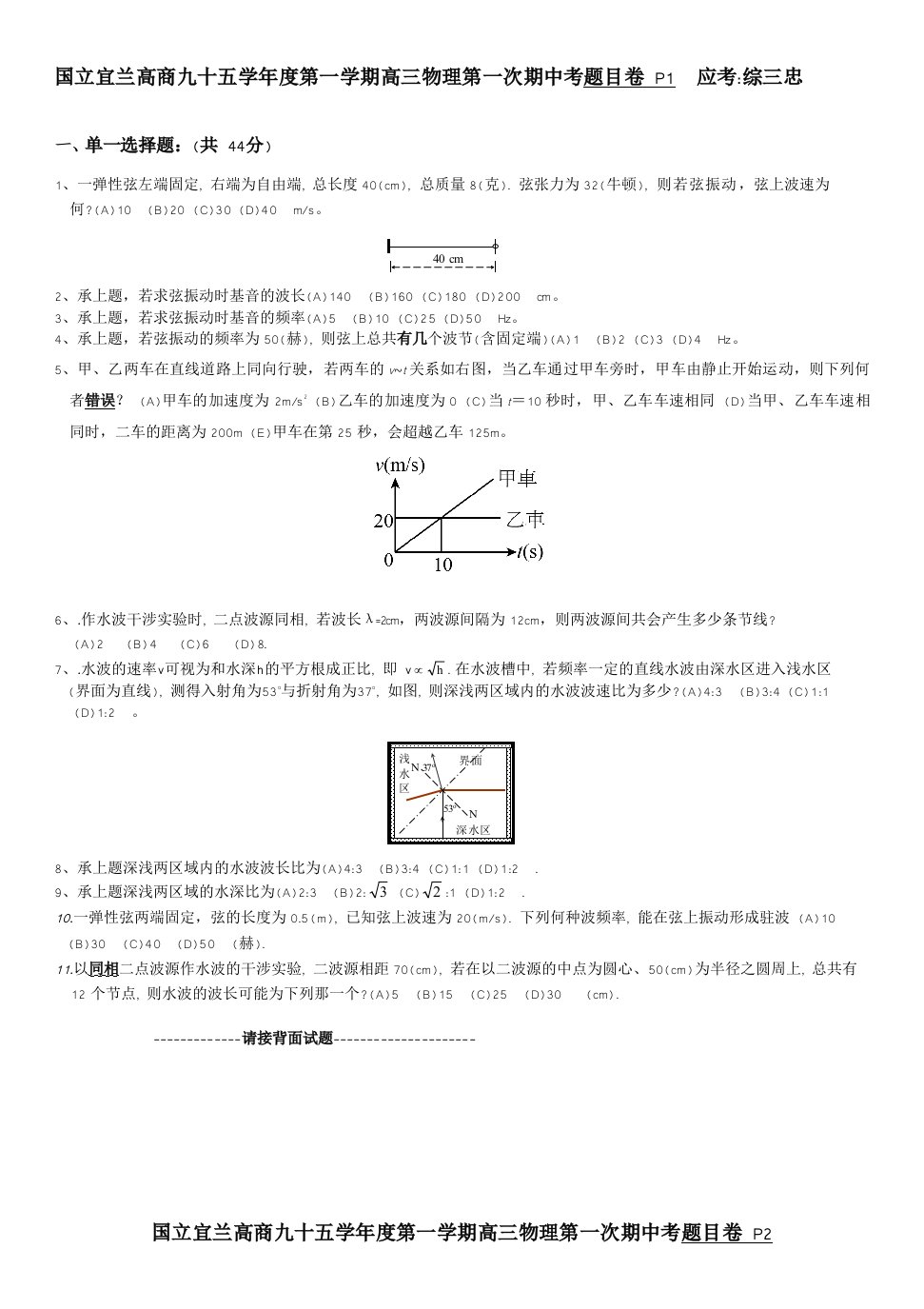 国立宜兰高商九十五学年度第一学期高三物理第一次期中考题目卷