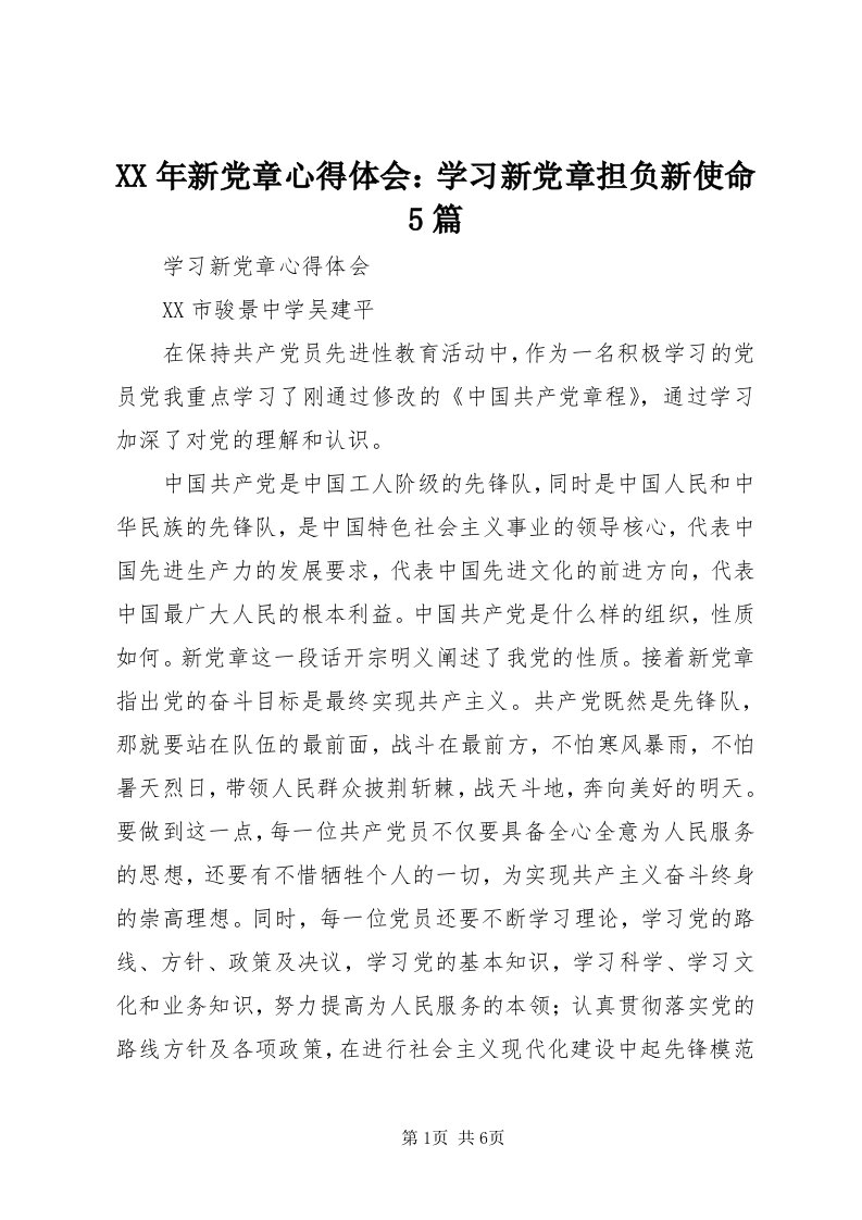 4某年新党章心得体会：学习新党章担负新使命5篇