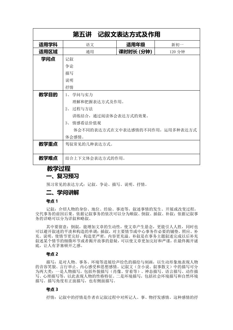 初一语文第讲教案记叙文表达方式及作用1