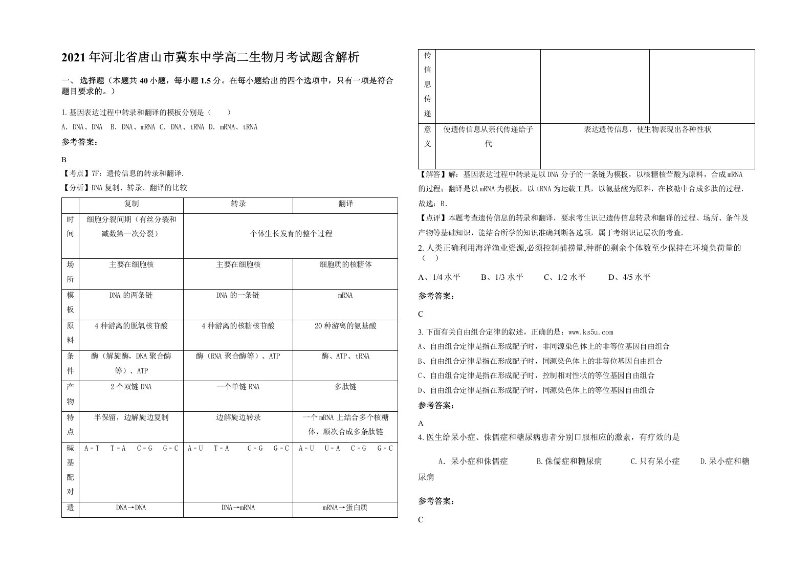 2021年河北省唐山市冀东中学高二生物月考试题含解析