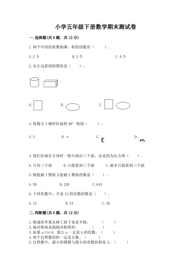 小学五年级下册数学期末测试卷附答案【精练】