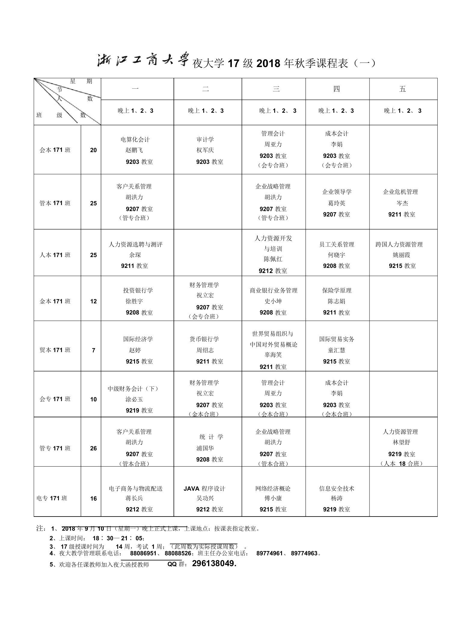 夜大学级秋季课程表(一)