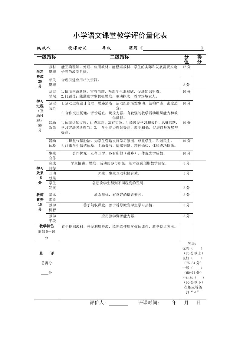 小学语文课堂教学评价表