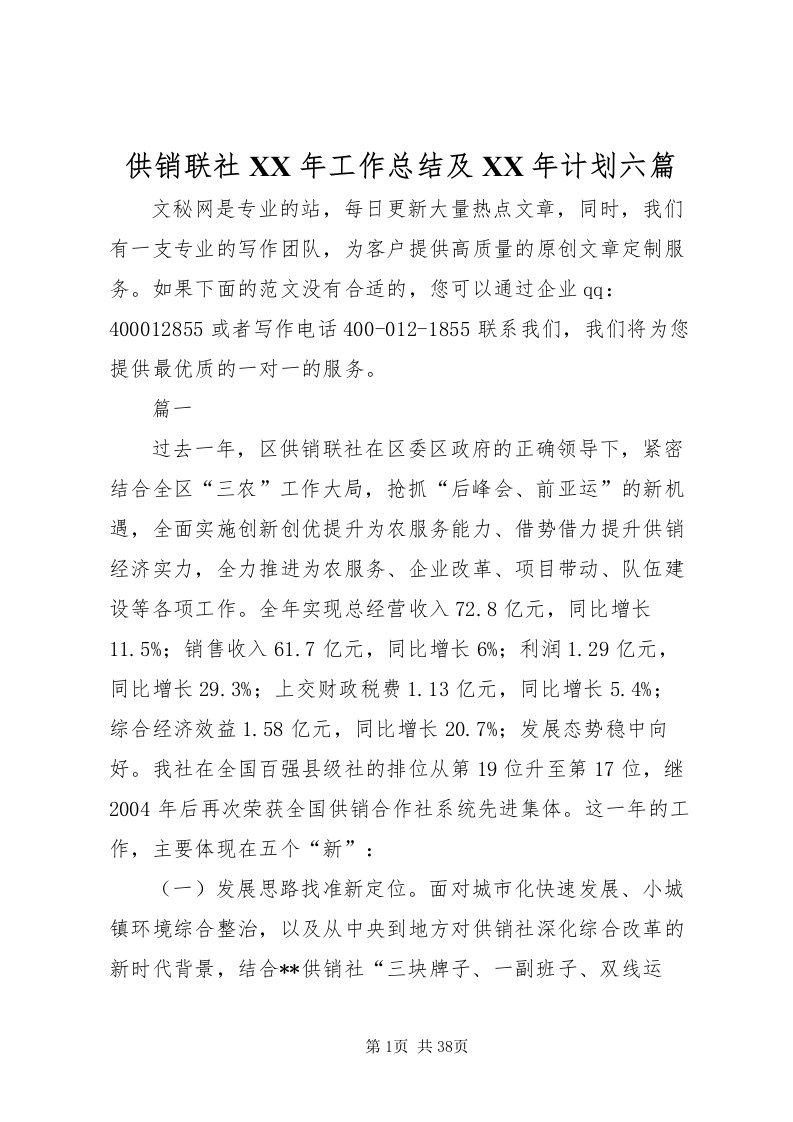 2022供销联社某年工作总结及某年计划六篇